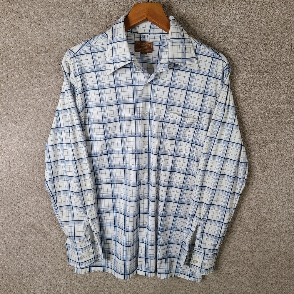 Vintage JCPenney Shirt Mens Large White Plaid Button Down Polyester Long Sleeve